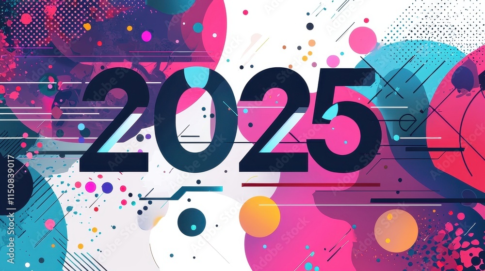 Poster bright and bold abstract background design for 2025 with colorful geometric patterns and waves