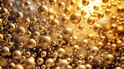 Fototapeta premium A shimmering expanse of golden spheres, suspended in a luminous haze, each reflecting the warm glow of an unseen light source, creating a mesmerizing spectacle of light and depth.