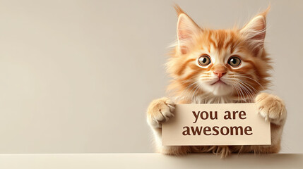compliment, congratulations and praise message. cat holding a4 white paper with text " you are awesome ". pink background. expression of gratefulness, motivation, appreciation.