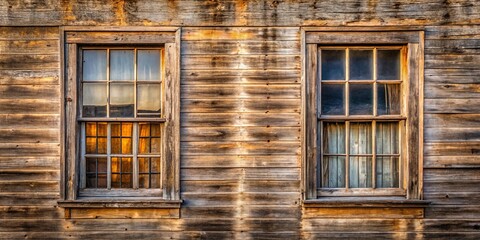 Obraz premium A weathered wooden facade adorned with two vintage windows, each framed by a deep brown border, the panes casting subtle shadows on the sun-kissed wall