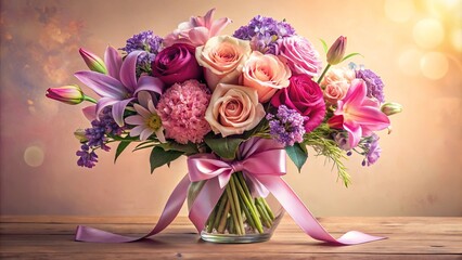 Fototapeta premium A Colorful Bouquet of Pink, Purple, and White Flowers Arranged in a Glass Vase with a Delicate Pink Bow