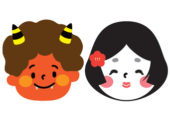 かわいい赤鬼とおたふく（おかめ）のベクターイラストセット