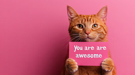 compliment, congratulations and praise message. cat holding a4 white paper with text " you are awesome ". pink background. expression of gratefulness, motivation, appreciation.