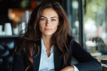 A confident woman with long dark hair sits at a table, dressed in a formal black blazer and white shirt, exuding professionalism and poise in a modern setting.