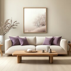 Modern Scandinavian Living Room with Rustic Sofa, Violet Pillows, and Wooden Coffee Table Against Beige Wall and Poster Frame - Interior Design Photo from 2035