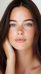 Fototapeta premium Portrait of a Young Woman with Long Brown Hair and Freckles, Green Eyes, Natural Beauty and Radiance, Soft Lighting, Vertical View, Close-Up, Emphasizing Natural Features and Tranquil Expression