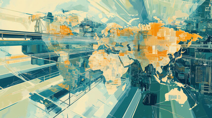 Futuristic Illustration of International Trade Showing an Intricate Web of Supply Chains Linking Industries Across Borders Through Digital and Physical Routes