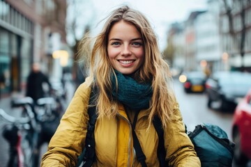Fototapeta premium A young woman in a yellow jacket and scarf smiles warmly while standing on a bustling city street. Her relaxed demeanor suggests confidence and happiness.