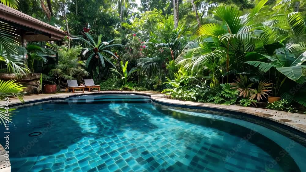 Poster the pool is surrounded by lush greenery creating a tranquil oasis.