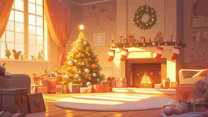 Cozy Christmas Living Room with Decorated Tree