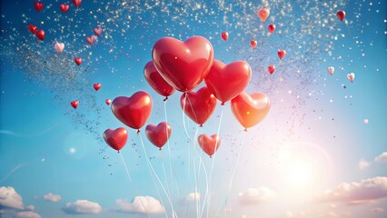 Fototapeta premium Romantic heart-shaped balloons ascend into a vibrant sky, scattered with shimmering confetti.