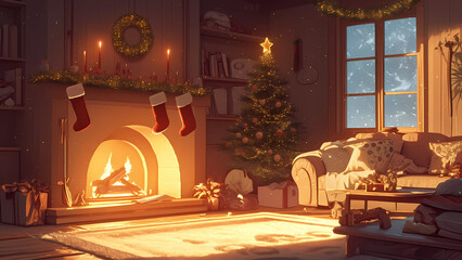 Warm Winter Living Room with Festive Decorations