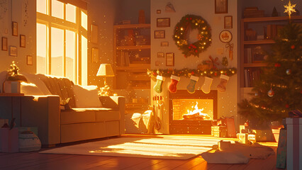 Bright and Festive Holiday Living Room with Christmas Tree