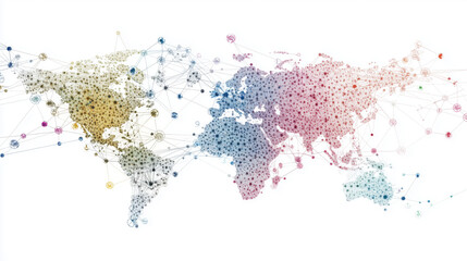 Fototapeta premium Graphic of Interconnected Nodes and Pathways on a World Map, Representing Manufacturers, Suppliers, and Distributors Collaborating Globally