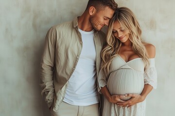 An expectant couple, capturing their maternity joy, tenderly embraces in a calm, indoor setting, showcasing love and anticipation in stylish, coordinated outfits.