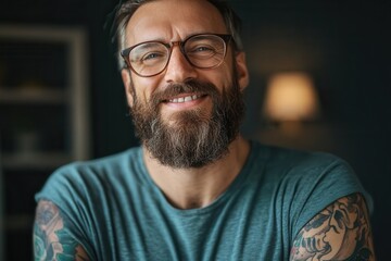 A tattooed man smiles warmly, displaying joy and approachable demeanor, set against a cozy, warmly lit room that complements his casual style.