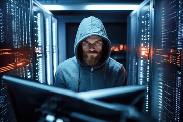 A bearded man wearing a hoodie intently examines a computer screen in a server room, representing the vigilance and expertise required in modern cybersecurity practices.