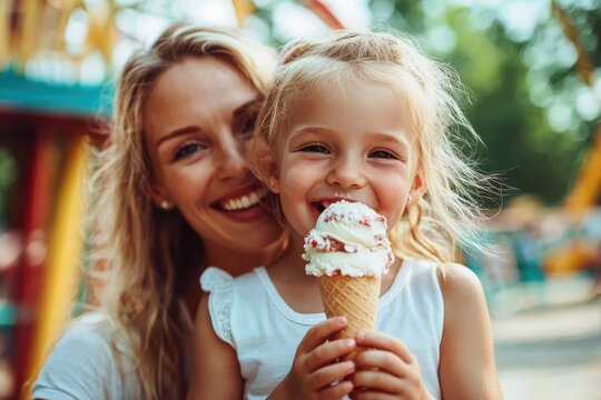 A cheerful mother and her young daughter share a wonderful moment enjoying ice cream at the park, representing the warmth and happiness of familial love.