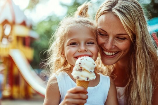 This image shows a mother and daughter sharing joyful smiles while enjoying ice cream cones, emphasizing familial love and happiness in a sunny park environment.