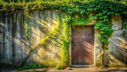 Sunlight dappling through a verdant canopy, illuminating a weathered wooden door nestled in the wall, casting intricate shadows on the rough surface