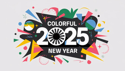 Celebration of the upcoming New Year 2025 is depicted in a vibrant and dynamic design with colorful elements
