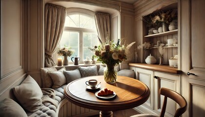 Fototapeta premium A warm and inviting breakfast nook featuring a round table, a vase of fresh flowers, a steaming cup of coffee, and soft natural lighting, creating a cozy and serene atmosphere for a morning retreat