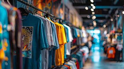 Vibrant Graphic Tees Hanging on Racks in a Trendy Clothing Store