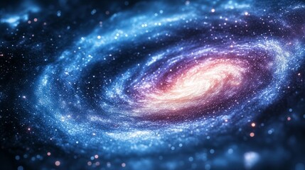 A cosmic swirl of blue, purple, and white with star-like specks creating an ethereal scene.