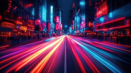 Vibrant night scene with colorful light trails in a bustling urban environment.