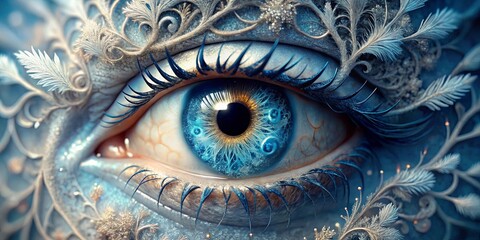 A Close-Up of a Glittering Eye Adorned with Delicate Frost-Like Patterns, a Symbol of Frozen Beauty and Intricate Design