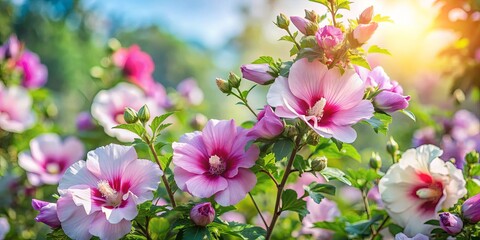 Naklejka premium Delicate pink and white blossoms basking in the warm glow of the setting sun, surrounded by lush green foliage.