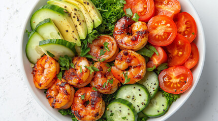 Shrimp Avocado Salad Bowl: A vibrant and healthy shrimp salad bowl brimming with fresh avocado, juicy tomatoes, and crisp cucumbers.
