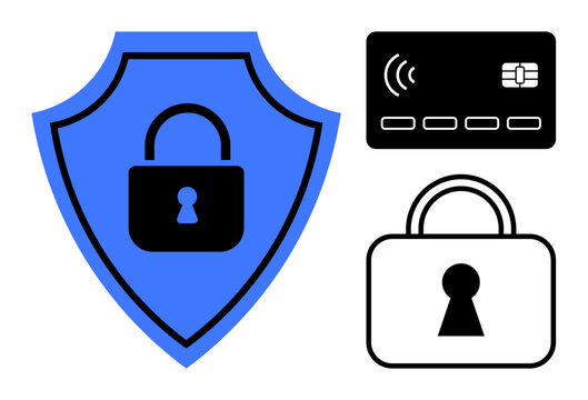 Shield with padlock, credit card icon, and standalone padlock highlight financial security. Ideal for online transactions, banking apps, cybersecurity, data protection, payment gateways, digital