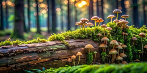 Obraz premium Golden Hour Fungi on Mossy Log in Forest