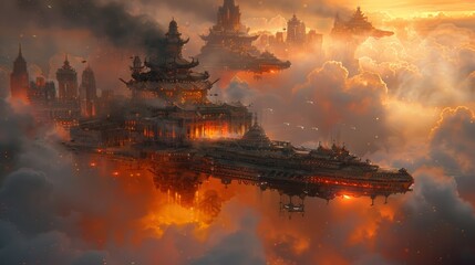 Burning Asian-style floating city in clouds at sunset.