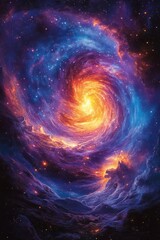 A cosmic-themed poster with swirling stars, glowing nebulae, and swirling galaxy patterns in purple, blue, and gold. 