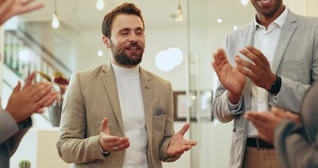 Handshake, business man and team applause for respect, goal achievement and support for promotion. Shaking hands, group and clapping in office for congratulations, praise and celebration of success