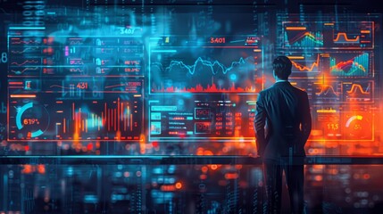 Fototapeta premium Businessman analyzing data on futuristic holographic screen.