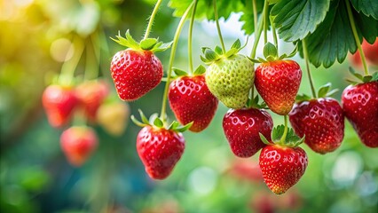 A cluster of ripe strawberries hanging from a vine, their vibrant red hues contrasting with the lush green foliage, bathed in the warm glow of the sun.