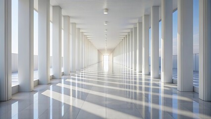 Obraz premium A minimalist architectural hallway with a bright white ceiling and a row of pillars casting long shadows on the floor.