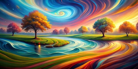 A Symphony of Color in a Dreamlike Landscape, Where Vibrant Hues Paint the Sky and Earth