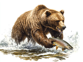 Fototapeta premium A powerful bear catches a fish in mid-leap, showcasing nature's raw beauty and survival instincts.