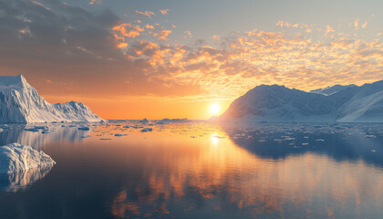 polar landscape with warming sun reflecting on icy waters, showcasing climate change
