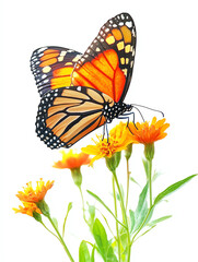 Fototapeta premium A vibrant monarch butterfly perched on bright orange marigold flowers against a white background.