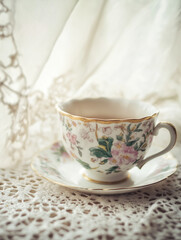 Fototapeta premium Old Teacup on Lace Tablecloth: Vintage Pastels and Faded Elegance