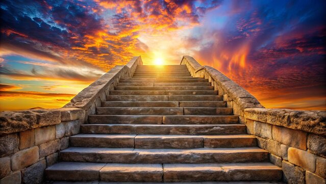 A stone staircase ascending towards a vibrant sunset sky, inviting you to step into the unknown, where each step represents a journey of personal growth and discovery.