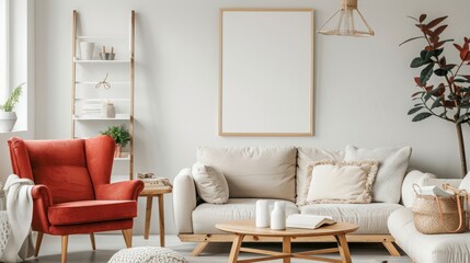Creative composition of living room interior with mock up poster frame red armchair, beige sofa, wooden coffee table, white rack, ladder, palid and personal accessories.