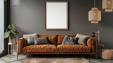 Creative composition of warm and cozy living room interior with mock up poster frame, brown sofa