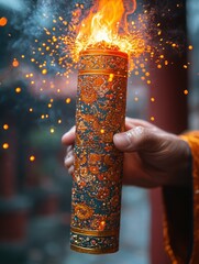 A hand holds an ornate decorated tube with flames and sparks.