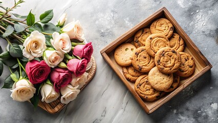 Fototapeta premium A bouquet of roses and a wooden box of freshly baked cookies on a marble surface